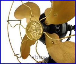 1914 Emerson 19645 10 Desk Fan with Wood Base Antique Electric Brass