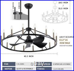 44 Antique Bronze Wagon Wheel Chandelier Ceiling Fan with Light & Remote