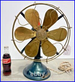 Antique 1900's Diehl 6-Brass Blade Electric Oscillating Table Fan Wavy Cage