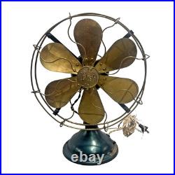 Antique 1900's Diehl 6-Brass Blade Electric Oscillating Table Fan Wavy Cage