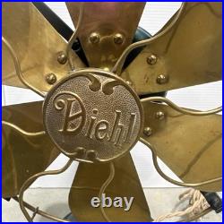 Antique 1900's Diehl 6-Brass Blade Electric Oscillating Table Fan Wavy Cage