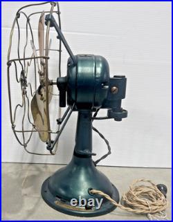 Antique 1900's Diehl 6-Brass Blade Electric Oscillating Table Fan Wavy Cage