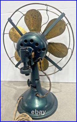 Antique 1900's Diehl 6-Brass Blade Electric Oscillating Table Fan Wavy Cage