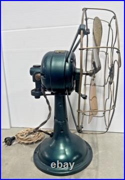 Antique 1900's Diehl 6-Brass Blade Electric Oscillating Table Fan Wavy Cage