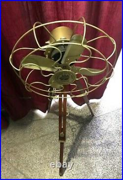 Antique Brass Fan With Wooden Tripod Stand Working Nautical For Home Office Use