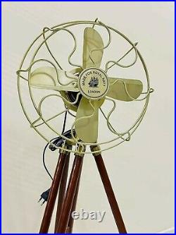 Antique Brass Fan With Wooden Tripod Stand Working Nautical For Home Office Use