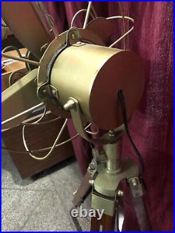 Antique Brass Fan With Wooden Tripod Stand Working Nautical For Home Office Use