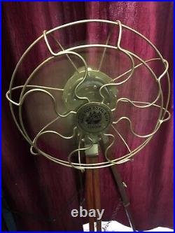 Antique Brass Fan With Wooden Tripod Stand Working Nautical For Home Office Use