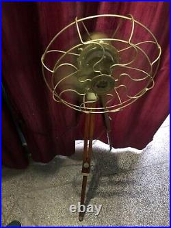 Antique Brass Fan With Wooden Tripod Stand Working Nautical For Home Office Use