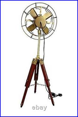 Antique Brass Fan With Wooden Tripod Stand Working Nautical For Home Office Use