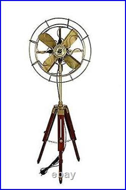 Antique Brass Fan With Wooden Tripod Stand Working Nautical For Home Office Use