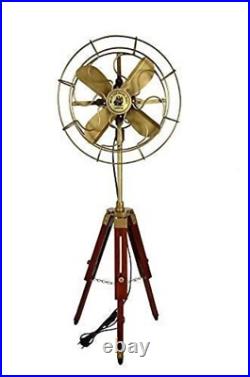 Antique Brass Golden Nautical Adjustable Hight Vintage Look Tripod Table Fan