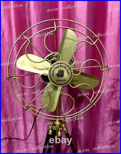 Antique Brass Pedestal Floor Fan Vintage Style With Wooden Tripod Stand Decor