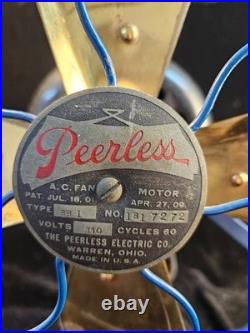 Antique Colonial Peerless 12 Table Fan Brass Blades BLUE CAGE Adjustable Speed