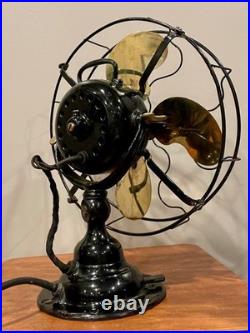Antique Emerson step-base stationary fan 19646 brass blades & steel cage (1)
