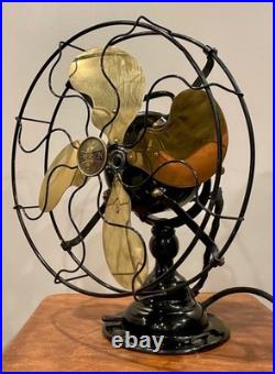 Antique Emerson step-base stationary fan 19646 brass blades & steel cage (1)