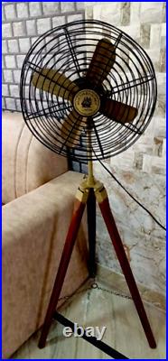 Antique Floor Fan Royal Navy With Brown Wooden Tripod Stand Handmade gift