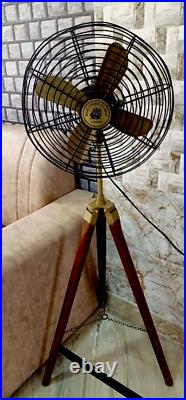 Antique Floor Fan Royal Navy With Brown Wooden Tripod Stand Handmade gift