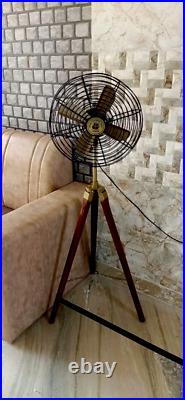 Antique Floor Fan Royal Navy With Brown Wooden Tripod Stand Handmade x-mas gift