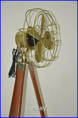 Antique Handmade Floor Fan, Royal Navy Fan With Brown Wooden Tripod Stand