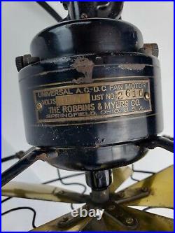 Antique R&M Robbins & Myers Brass 5 blade 10 Desk Fan 3-Speed Oscillating Works