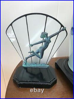 Art Deco Bronze Nude Woman Table Lamp Metal base glass frosted stripe slip Shade