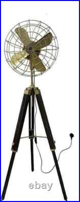 Big Size Solid Wood Tripod Pedestal Brass Antique Electric Fan Industrial Style