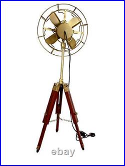Brass Antique Electric Pedestal Fan With Wooden Tripod Stand Vintage gift