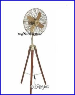 Brass Electric Fan with Wooden Tripod Stand Home Decor Table Fan Antique Handmad