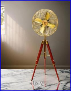 Fan Electric Corded Handmade Brass Antique Vintage Pedestal Fan with Wood Tripod
