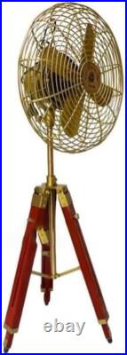 Fan Electric Corded Handmade Brass Antique Vintage Pedestal Fan with Wood Tripod