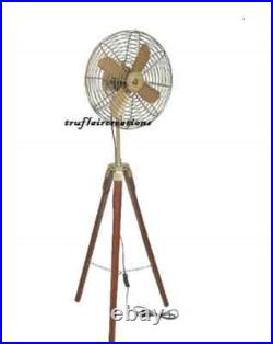 Fan Electric Corded Handmade Brass Antique Vintage Pedestal Fan with Wood Tripod