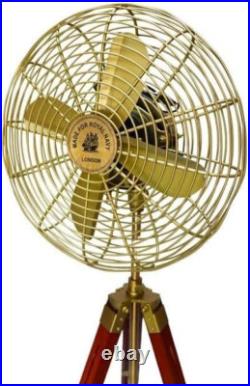 Fan Electric Corded Handmade Brass Antique Vintage Pedestal Fan with Wood Tripod