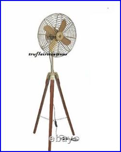 Handmade Antique Brass Electric Fan Wooden Tripod Stand Home Decor Table Fan