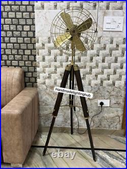 Handmade Brass Pedestal Fan on Teak Tripod Industrial Rotate Floor Fan High Gift