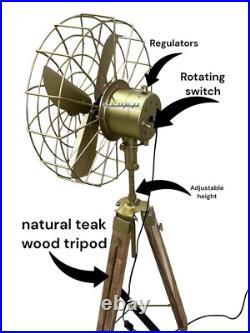 Handmade Brass Pedestal Fan on Teak Tripod Industrial Rotate Floor Fan High Gift