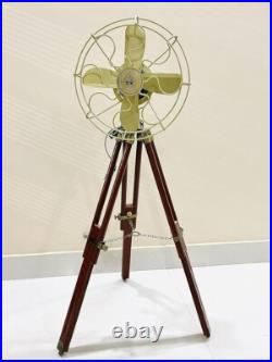 Heritage Handmade Antique Floor Fan, Royal Navy Fan With Brown Wooden Tripod Heritage Handmade Antique Floor Fan, Royal Navy Fan With Brown Wooden Tripod