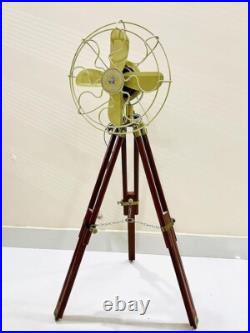 Heritage Handmade Antique Floor Fan, Royal Navy Fan With Brown Wooden Tripod Heritage Handmade Antique Floor Fan, Royal Navy Fan With Brown Wooden Tripod