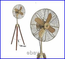 Home Decor Table Fan Antique Brass Electric Fan with Wooden Tripod Stand Handmad
