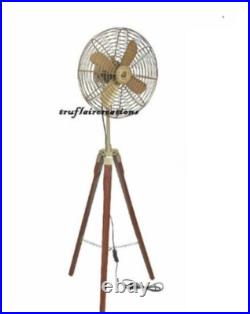 Home Decor Table Fan Antique Brass Electric Fan with Wooden Tripod Stand Handmad