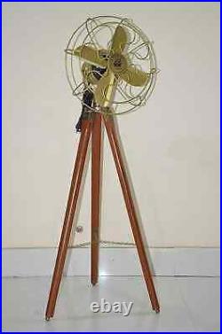 Nautical Antique Floor Fan Royal Navy Fan Brown with Wooden Tripod Stand Halloween