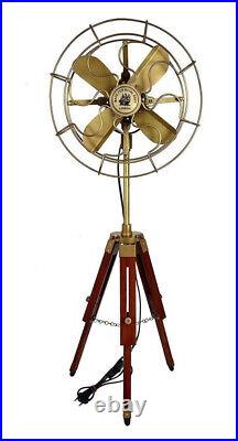 Nautical Brass Antique Electric Pedestal Fan With Wooden Tripod Stand Decor
