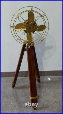 Nautical Brass Finish Fan with Wooden Tripod Stand Steampunk Marine Decor
