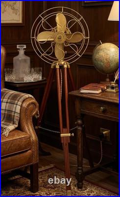 Nautical Brass Finish Fan with Wooden Tripod Stand Steampunk Marine Decor