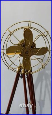 Nautical Brass Finish Fan with Wooden Tripod Stand Steampunk Marine Decor