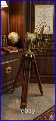 Nautical Brass Finish Fan with Wooden Tripod Stand Steampunk Marine Decor