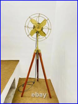 Nautical Handmade Antique Floor Fan Royal Navy Fan Brown with Wooden Tripod Stand Nautical Handmade Antique Floor Fan Royal Navy Fan Brown with Wooden Tripod Stand