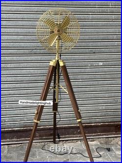 Nautical Pedestal Floor Fan-Industrial Wood Tripod Retro Royal Navy Style Brown