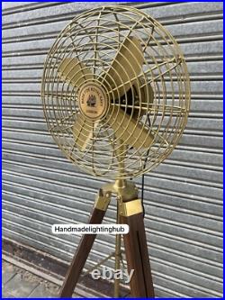 Nautical Pedestal Floor Fan-Industrial Wood Tripod Retro Royal Navy Style Brown