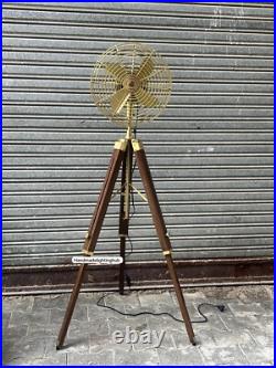 Nautical Pedestal Floor Fan-Industrial Wood Tripod Retro Royal Navy Style Brown
